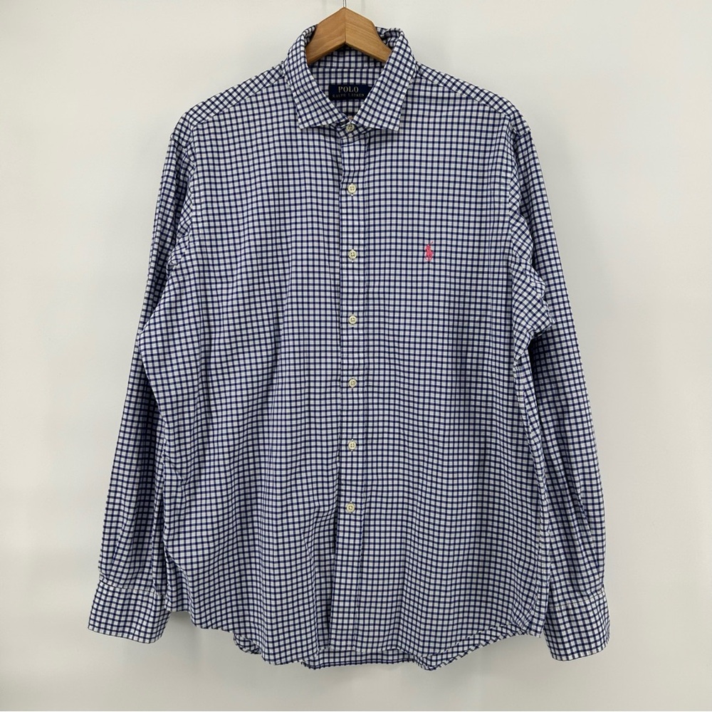 Polo Ralph Lauren Shirt Mens XL Blue Gingham Check Pink Pony Classic Ivy L/S